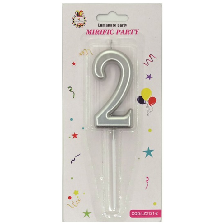 Lumanare tort argintiu metalizat, 15 cm, cifra 2