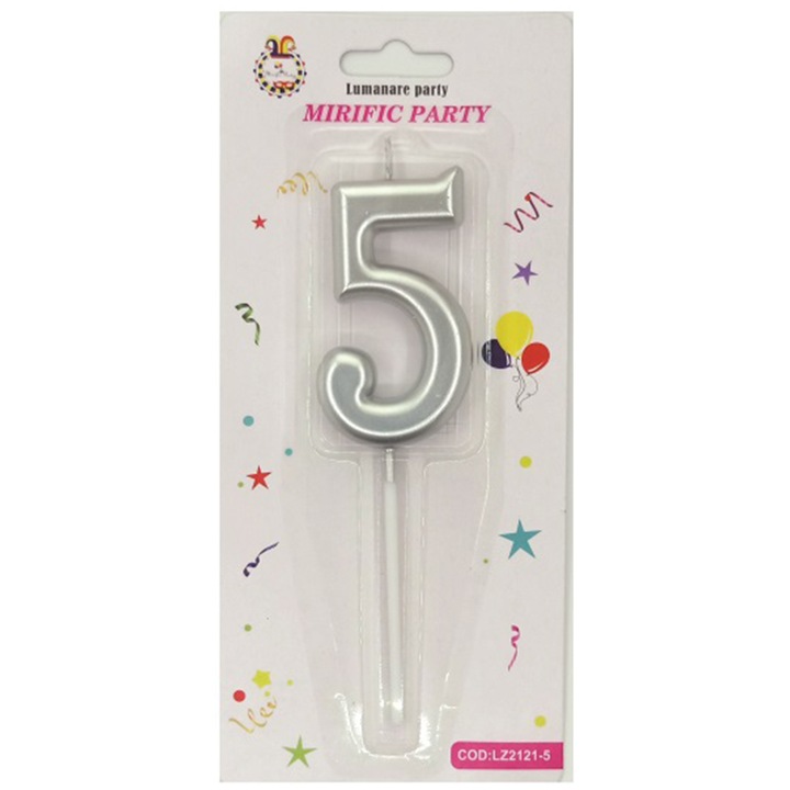 Lumanare tort argintiu metalizat, 15 cm, cifra 5