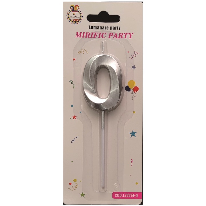 Lumanare tort argintiu metalizat, 12 cm, cifra 0