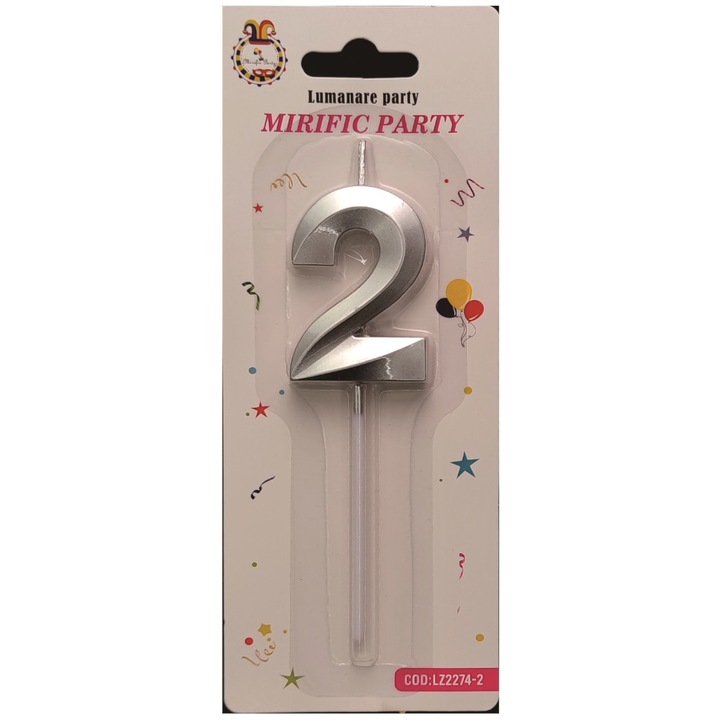 Lumanare tort argintiu metalizat tridimensional, 12 cm, cifra 2