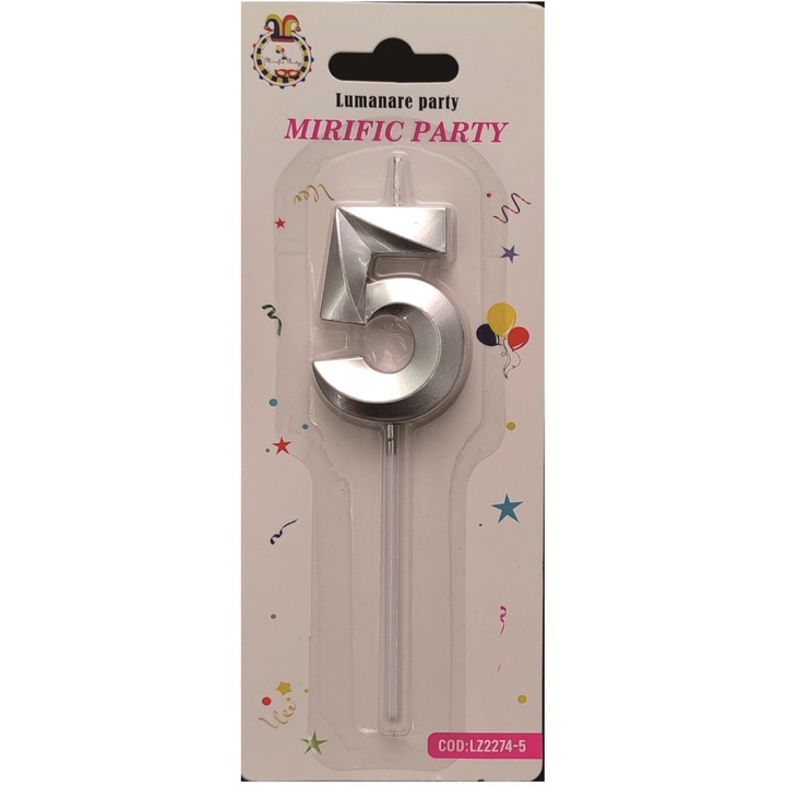 Lumanare tort argintiu metalizat tridimensional, 12 cm, cifra 5