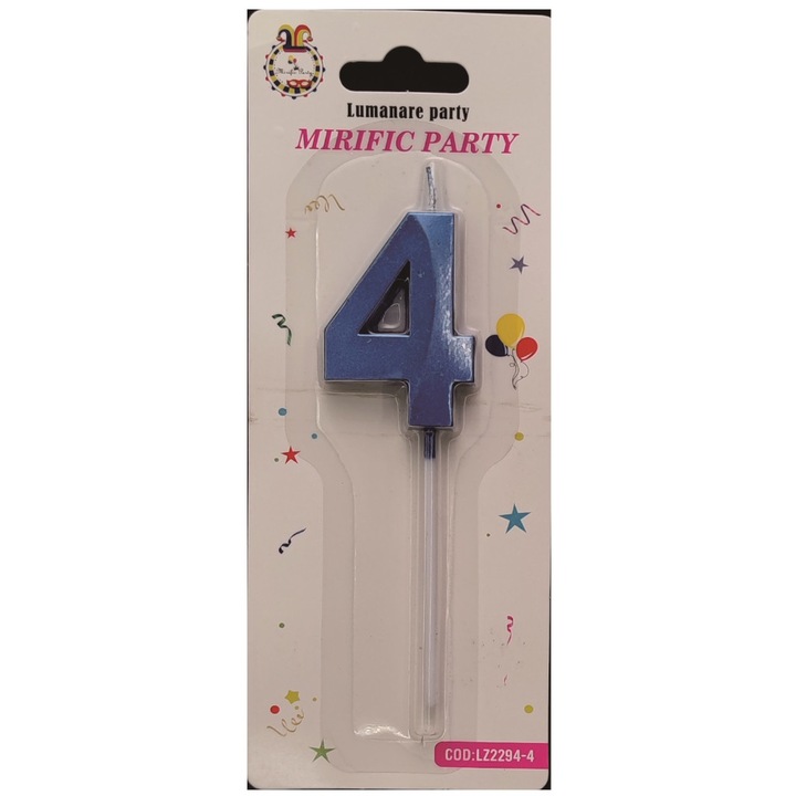 Lumanare tort albastru metalizat tridimensional, 12 cm, cifra 4