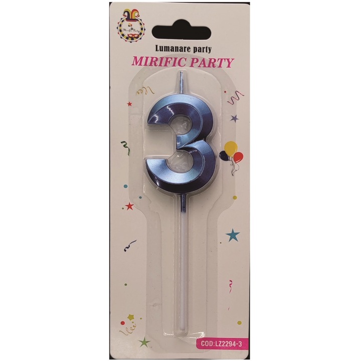 Lumanare tort albastru metalizat tridimensional, 12 cm, cifra 3
