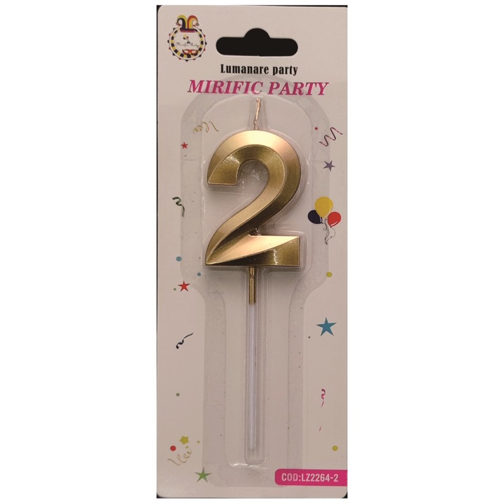 Lumanare tort auriu metalizat tridimensional, 12 cm, cifra 2
