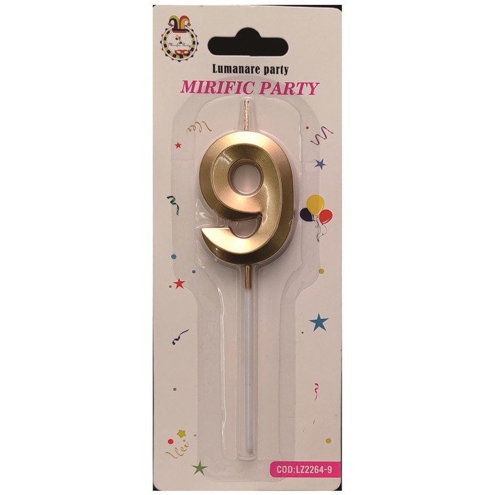 Lumanare tort auriu metalizat tridimensional, 12 cm, cifra 9