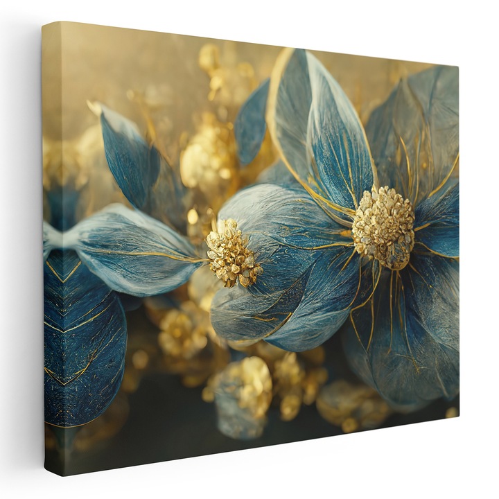 Tablou Canvas, Dormitor, Living, Floral, Modern, Albastru si Auriu, 70x100 cm