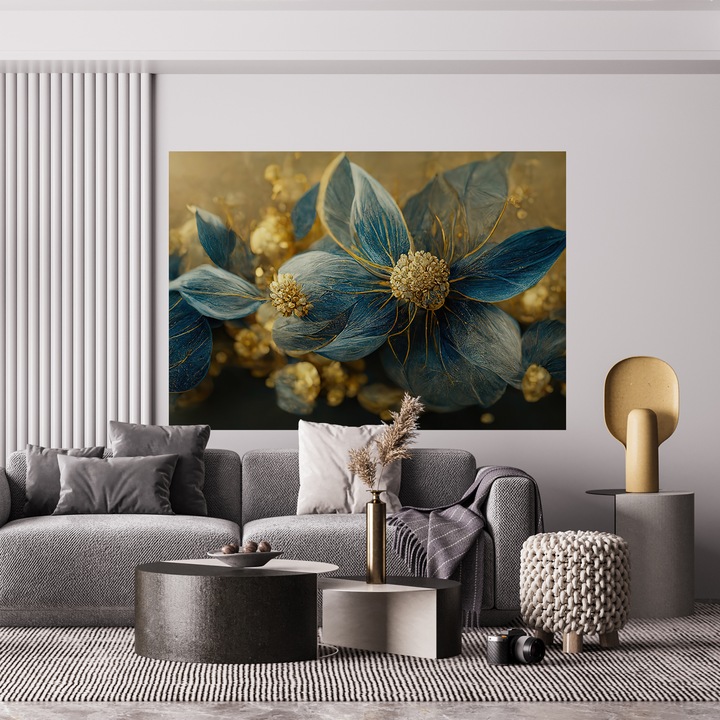Tablou Canvas, Dormitor, Living, Floral, Modern, Albastru si Auriu, 50x70 cm
