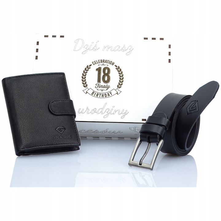 Set cadou aniversare 18 ani, curea si portofel, Gracio, Piele, Negru