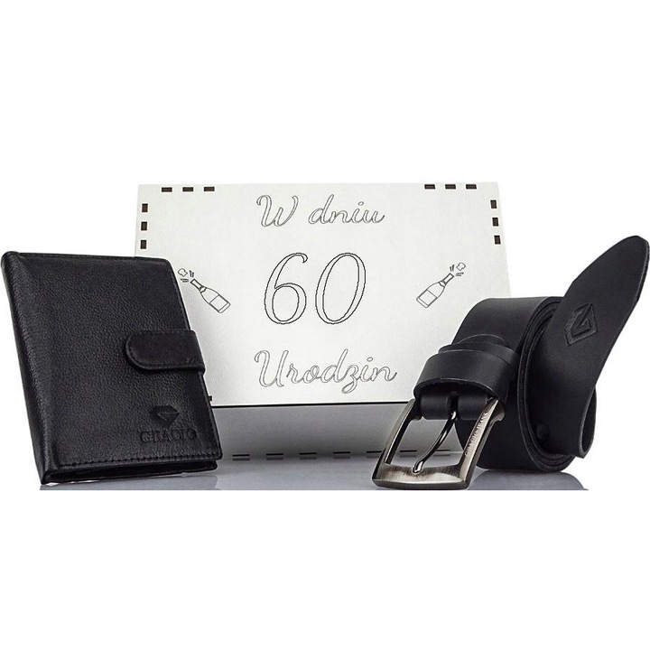 Set cadou aniversare 60 ani, Gracio, Curea/Portofel, Piele naturala, Negru