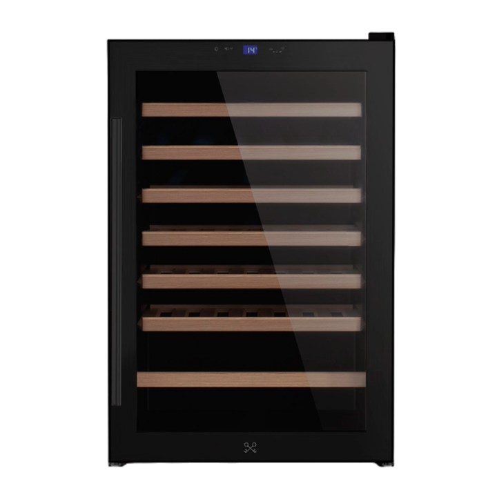 Racitor de vin LES PETITS CHAMPS, CAVCB28, 28 sticle, H 73.5 cm, o zona de racire, latime 45 cm, temperatura reglabila 11-18C, No Frost, termoelectric, usa anti-UV cu 3 straturi, 6 rafturi din lemn, negru