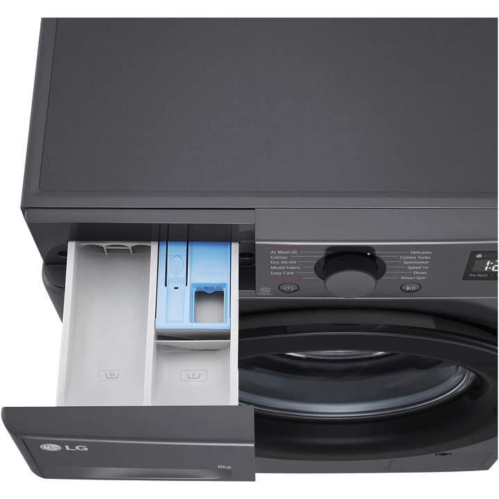 Masina de spalat rufe Slim LG F2WR508SBM, 8 kg, 1200 rpm, Clasa A, Motor Direct Drive, Smart Diagnosis, Negru