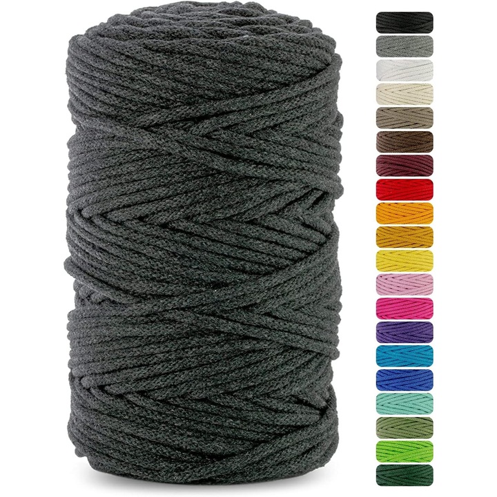 Snur pentru macrame, Netuno, Bumbac, 3 mm, 100 m, Antracit