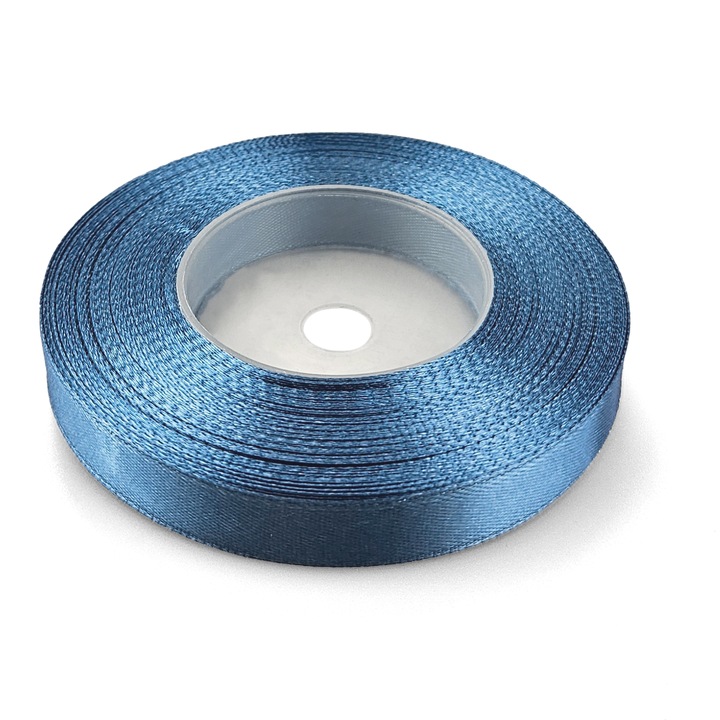 Prémium szatén szalag, Netuno, 12mm, 32m, Szürkéskék színű, fényes felülettel, elegáns dekorációkhoz, ajándékcsomagoláshoz és kézműves projektekhez tökéletes, poliészter anyag, műanyag tekercsen