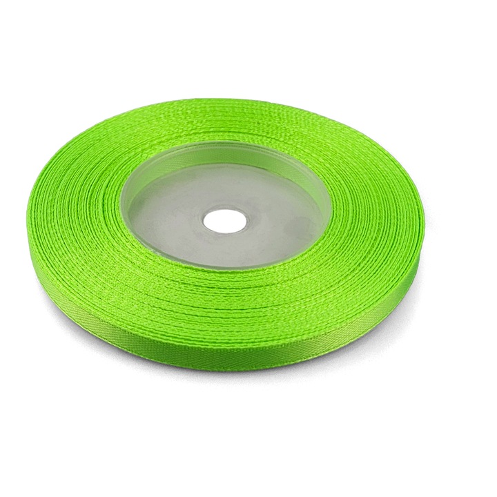 Panglica din satin de lux, Netuno, 6mm, 32m, culoare Verde neon, cu suprafata lucioasa, ideala pentru evenimente speciale, scrapbooking si creatii vestimentare, material poliester, pe rola de plastic