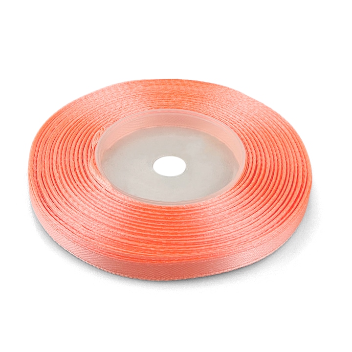 Panglica din satin premium, Netuno, 6mm, 32m, culoare Roz somon, cu suprafata lucioasa, perfecta pentru decoratiuni elegante, ambalare cadouri si proiecte de artizanat, material poliester, pe rola de plastic