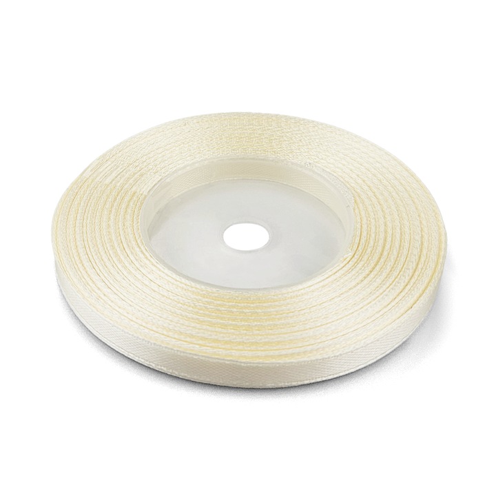 Panglica eleganta din satin, Netuno, 6mm, 32m, culoare Ecru, cu suprafata lucioasa, excelenta pentru aranjamente florale, invitatii de nunta si accesorii de lux, material poliester, pe rola de plastic