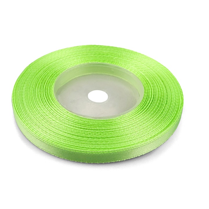 Panglica din satin premium, Netuno, 6mm, 32m, culoare Verde deschis, cu suprafata lucioasa, perfecta pentru decoratiuni elegante, ambalare cadouri si proiecte de artizanat, material poliester, pe rola de plastic