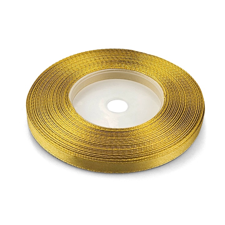 Panglica eleganta din satin, Netuno, 6mm, 32m, culoare Auriu, cu suprafata lucioasa, excelenta pentru aranjamente florale, invitatii de nunta si accesorii de lux, material poliester, pe rola de plastic