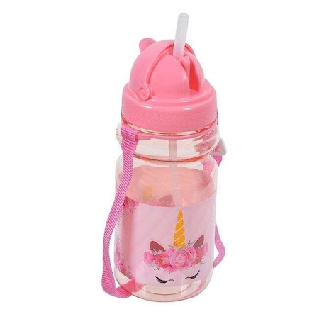 Sticla de apa copii, Cu pai si snur, 350 ml, Unicorn, Roz, Pop Up, Pentru Scoala si Gradinita