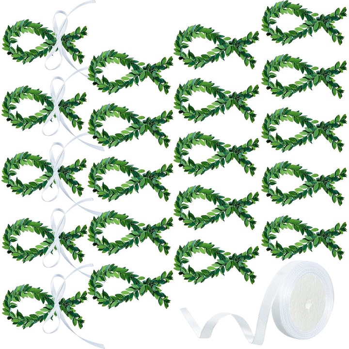 Mini decoratiuni pentru evenimente, pesti 12 cm si panglica alba, imitatie textura maslin, 20 buc