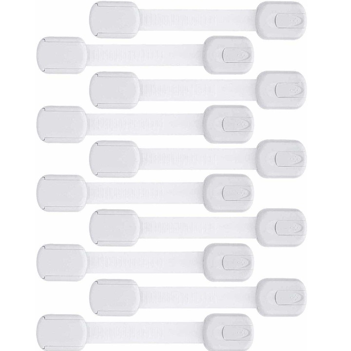 OEM 10 db állítható gyermekbiztonsági rendszer készlet, fiókzár, szekrény, hűtőszekrény, WC, erős ragasztó, hossza 19 cm, fehér, BZRSH®