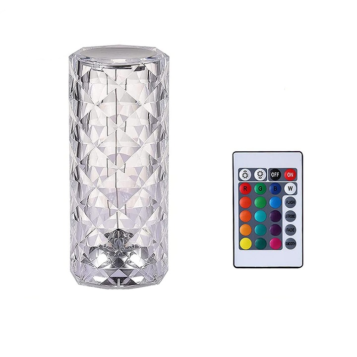 Asztali lámpa ágyhoz, Goeco, Crystal Rose, 16 Rgb szín, távirányítóval, érintéssel szabályozható