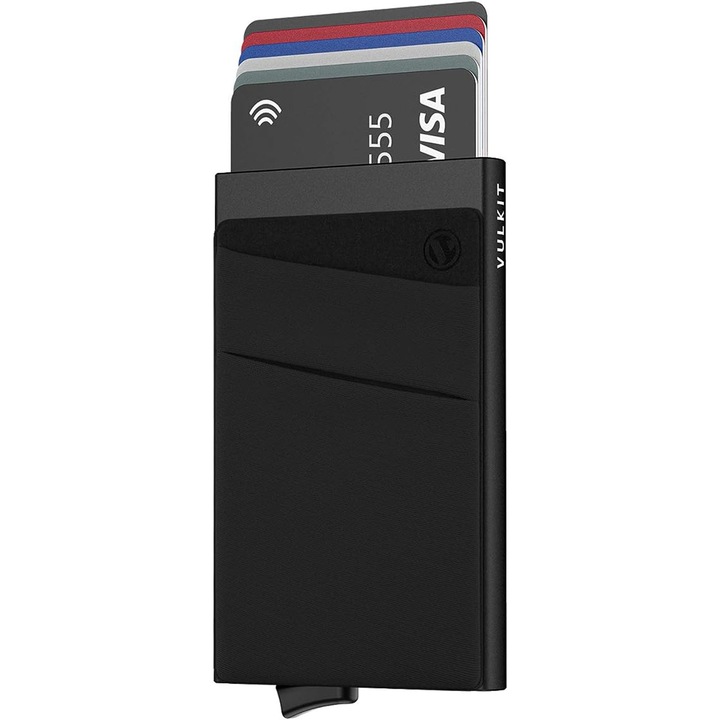 Тънък алуминиев портфейл, Vaxiuja, Функция изскачане, RFID защита, капацитет 4-5 карти, черен