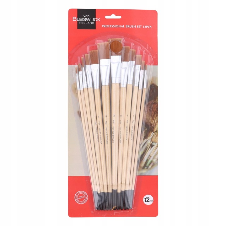 Set 12 pensule pentru pictura, Van Bleiswijck, Par sintetic / Lemn, Multicolor