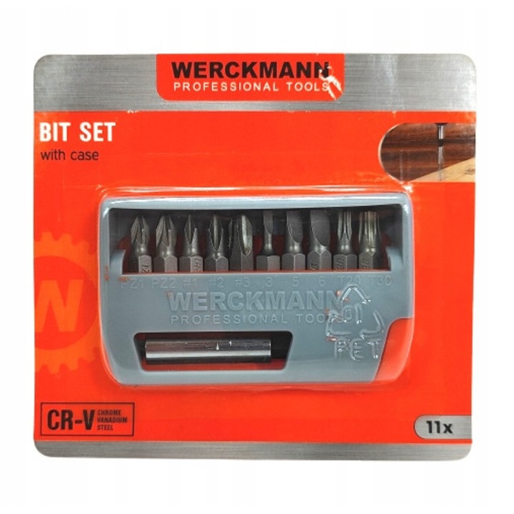 Set accesorii pentru gaurit si insurubat, Werckmann, 10 biti, etui plastic, suport magnetic 60mm