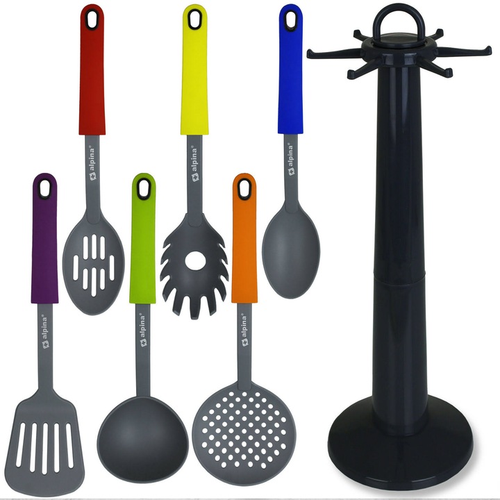 Set Ustensile De Bucatarie, OPENHOME, 7 Piese, Din Silicon, Rezistente, Usor De Curatat, Linguri Pentru Mancare, Lopatica, Suport, Lungime 31-33 cm