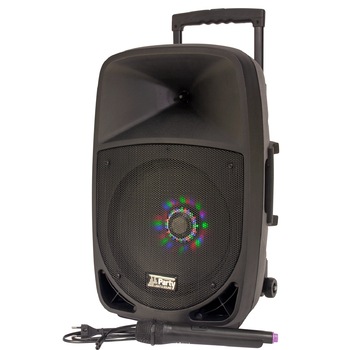 Boxa portabila activa ilumital LED 12 inch/30cm 300W RMS cu USB/SD/BT/FM si microfon wireless VHF Boxa portabila activa ilumital LED 12 inch/30cm 300W RMS cu USB/SD/BT/FM si microfon wireless VHF