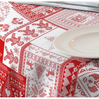 Fata de masa anti-pete Casa de bumbac, Ornamayo, 220x140 cm, Model traditional, Craciun, rosu si alb Fata de masa anti-pete Casa de bumbac, Ornamayo, 220x140 cm, Model traditional, Craciun, rosu si alb