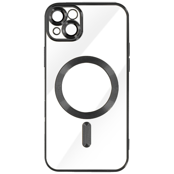 Apple iPhone 13-mal kompatibilis MagSafe tok, rápattintható galvanikus lemez, kameravédelem, galvanizált élek, mágneses rögzítés, lökhárító kompatibilis a MagSafe vezeték nélküli töltéssel, fekete/átlátszó