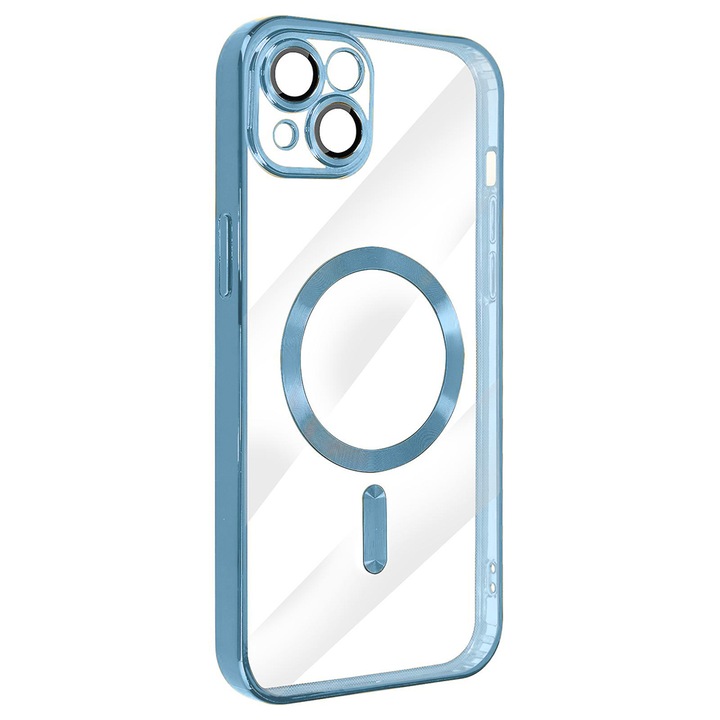 Калъф MagSafe, съвместим с Apple iPhone 15, Snap-On Electroplate, Защита на камерата, Electroplated edges, Magnetic attachment, Bumper, съвместим с MagSafe безжично зареждане, Син/Прозрачен