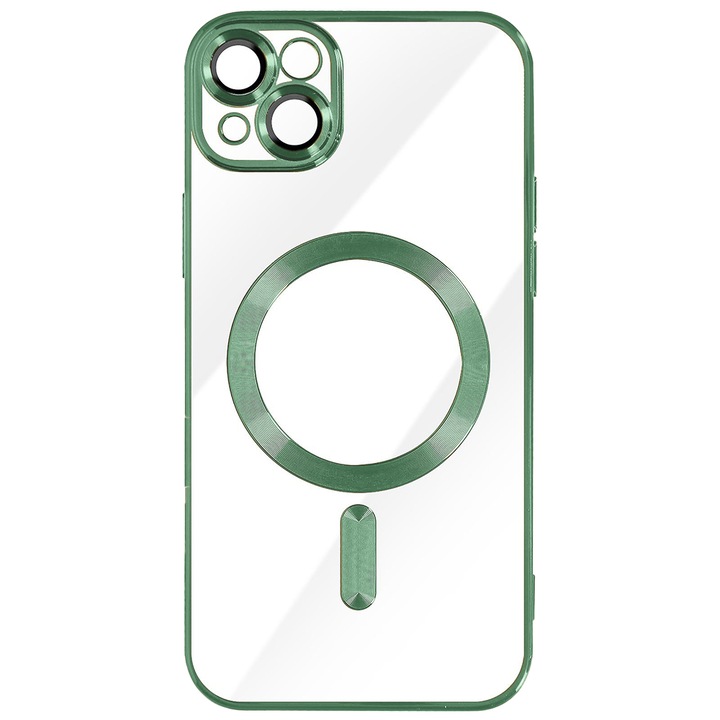 Apple iPhone 13-mal kompatibilis MagSafe tok, rápattintható galvanikus lemez, kameravédelem, galvanizált élek, mágneses rögzítés, lökhárító kompatibilis a MagSafe vezeték nélküli töltéssel, zöld/átlátszó