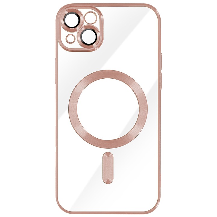 Apple iPhone 13-mal kompatibilis MagSafe tok, rápattintható galvanizálás, kameravédelem, galvanizált élek, mágneses rögzítés, lökhárító kompatibilis a MagSafe vezeték nélküli töltéssel, rózsaszín/átlátszó