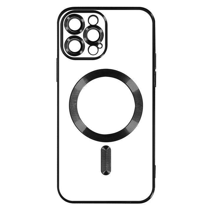 Apple iPhone 15 Pro Max készülékkel kompatibilis MagSafe tok, rápattintható galvanikus lemez, kameravédelem, galvanizált élek, mágneses rögzítés, lökhárító kompatibilis a MagSafe vezeték nélküli töltéssel, fekete/átlátszó