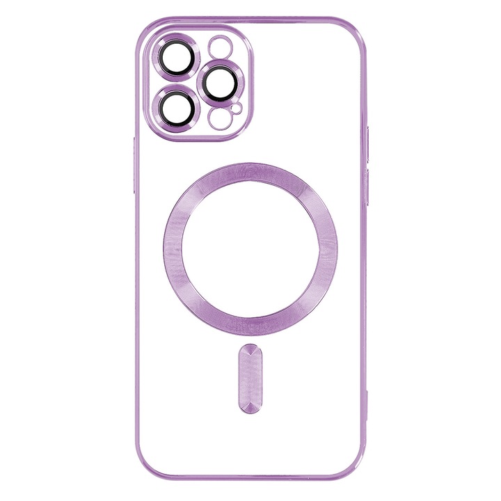 MagSafe tok kompatibilis az Apple iPhone 12 Pro készülékkel, rápattintható galvanikus lemez, kameravédelem, galvanizált élek, mágneses rögzítés, lökhárító kompatibilis a MagSafe vezeték nélküli töltéssel, lila/átlátszó
