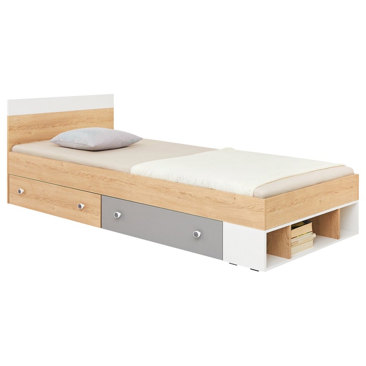 Pat tineret Peluga PL15 L/P 120x200, MIRJAN 24, stejar piscot / alb lux + gri, 204x124x80 cm