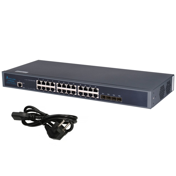 Extralink Chiron switch, 24x RJ45 1000 Mbps, 4x SFP+, L3, Vezérelhető, fém ház, fekete
