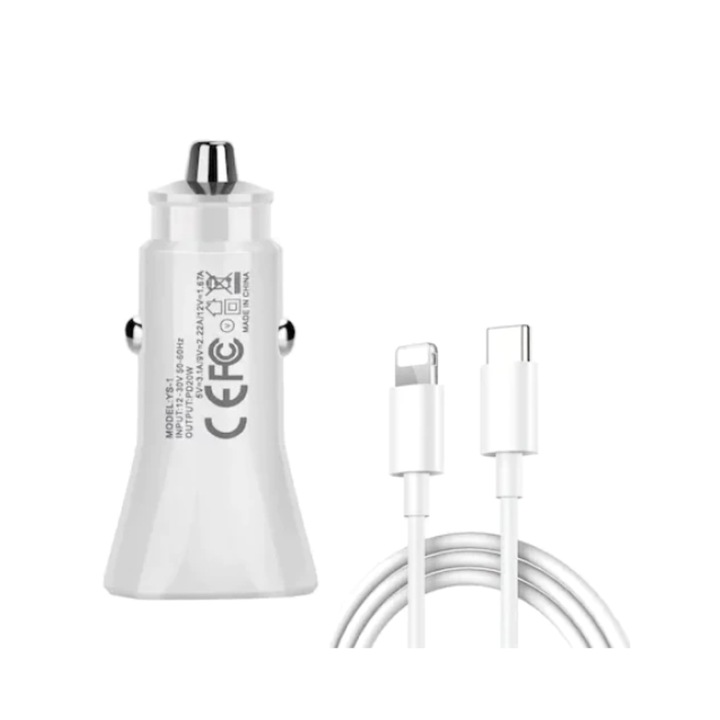 Fast Charge 20W autós töltőkészlet és Fast Charge 1M Type-C-Lightning adatkábel, Quandes®, kompatibilis az Apple iPhone 14 / 14 Pro / 14 Pro Max / 13 / 13 Pro / 13 Pro Max / 12 / 12 Pro / 12 Pro készülékekkel Max, fehér