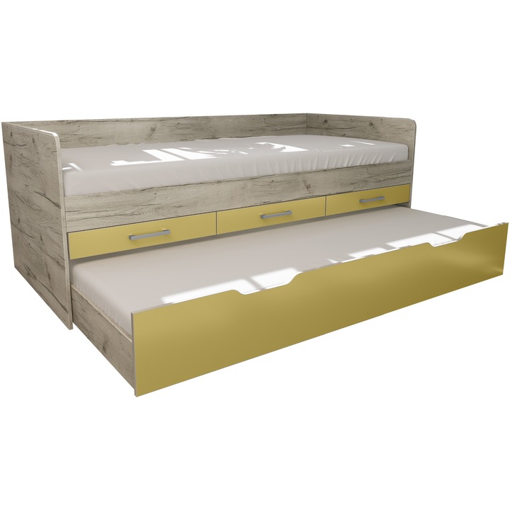 Irim Yoo ágy, 208x96x79 cm, matractartóval, 3 fiókkal, fehér / mustárfa színben