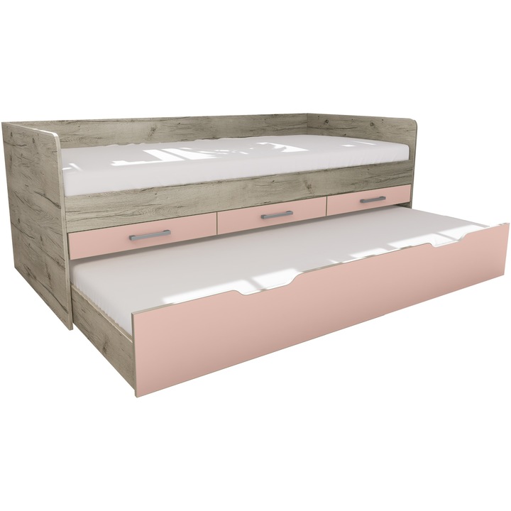 Irim Yoo ágy, 208x96x79 cm, matractartóval, 3 fiókkal, fehér/rózsaszín fa kivitelben