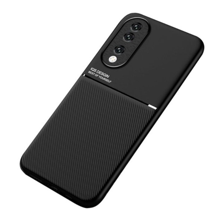 Honor 90 5G Gigapack műanyag telefonvédő (szilikon keret, ütésállóság, mágneses, bőr hatású hátlap, csíkos) fekete, gigapack csomagolás