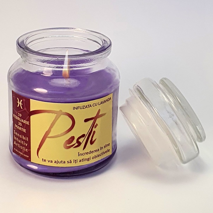 Dekoratív illatgyertya relaxációhoz, aromaterápiához, stresszoldáshoz, levendula, halak