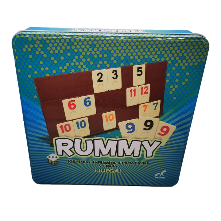 Joc de Remy (Rummy), Deluxe, Cutie metalica, Piese de piatra aparenta marcate ingrijit, Tablite de plastic cu 3 randuri, 27 cm, VisionXXI