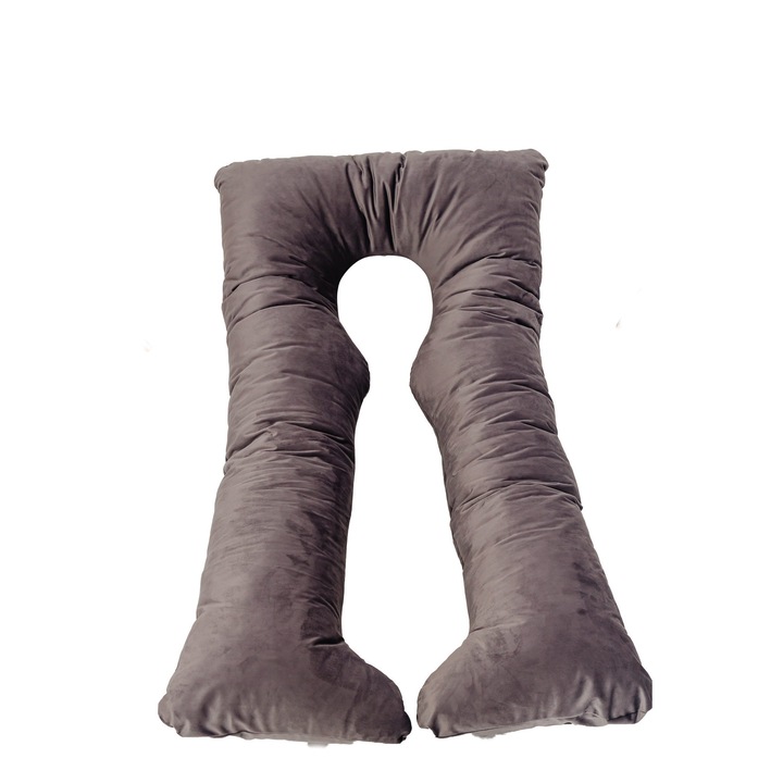 Perna gravide Elena multifunctionala 3 in 1 din catifea, dimensiune 135x75, gri uni, husa detasabila