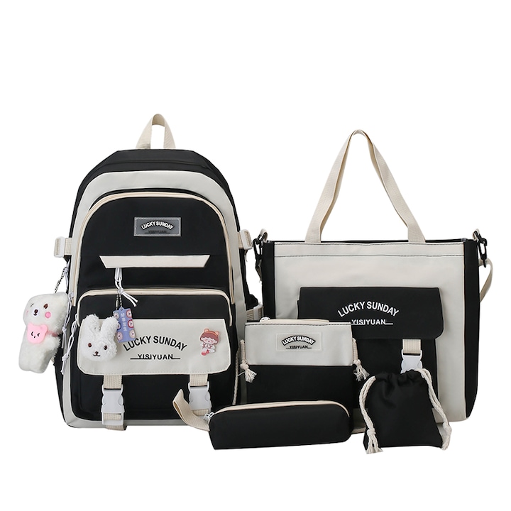 Комплект ученическа раница от 5 части, XYXBEBAO, чанта за през рамо, молив и чанта, ръчна чанта, 42 x 30 x 13 cm, черна