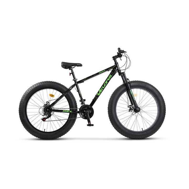 Bicicleta Fat Bike MTB Hercules JSX2619, brand Velors, roata 26 inch, frana Disc fata/spate, echipare Shimano, 21 Viteze, negru cu verde