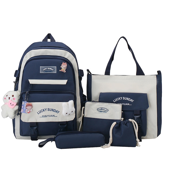 Комплект ученическа раница от 5 части, XYXBEBAO, чанта за през рамо, молив и чанта, ръчна чанта, 42 x 30 x 13 cm, син
